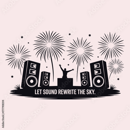 Silhouette of D J with speakers and fireworks exploding in the night sky music sound