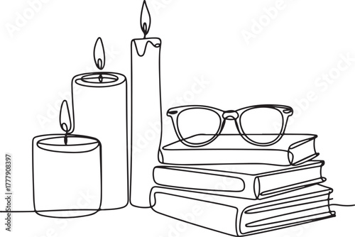 Elegant continuous line art capturing a tranquil moment of intellectual comfort with glowing candles, stacked books, and classic eyeglasses