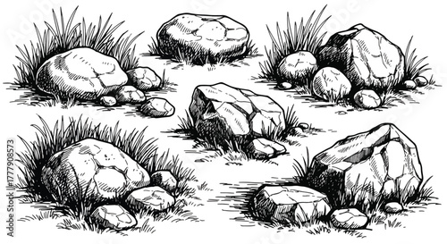 A set of vector drawings of various rocks and stones with grass for landscaping and nature scenes
