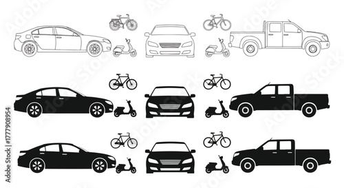 Collection of various vehicle, including car, bicycle, scooter and truck for transportation and urban mobility