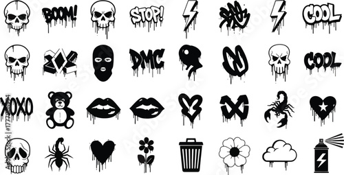 Set of various graffiti, including skull, boom, stop, lightning, cool, xoxo, teddy bear, lips and heart