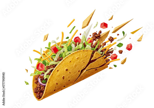 Deliciously messy taco exploding with fresh ingredients isolated on transparent background