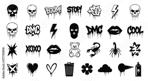 Set of graffiti drips, street art vector illustration, urban typography design elements, stickers