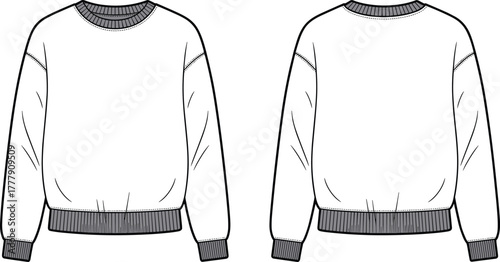 Minimalist unisex sweatshirt flat sketch, CAD streetwear fashion design template, front and back technical vector drawing, apparel illustration for clothing mockup presentation
