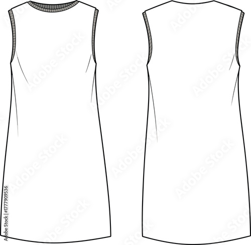 Minimal sleeveless shift dress flat sketch front and back view, simple fashion technical design template, casual apparel outline, CAD drawing flat vector illustration