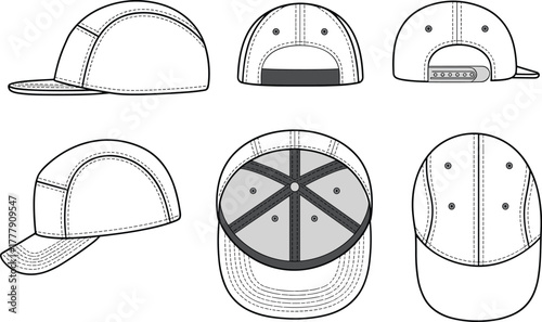 Minimalist 5-Panel Camp Cap Flat Vector Illustration Technical Drawing Template for Apparel Design, Fashion Mockups, and Product Specifications