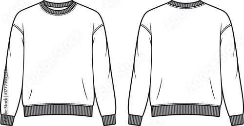 Minimalist CAD streetwear flat vector illustration of front and back sweatshirt template, blank fashion technical drawing for apparel design, clothing mockup, casual wear concept