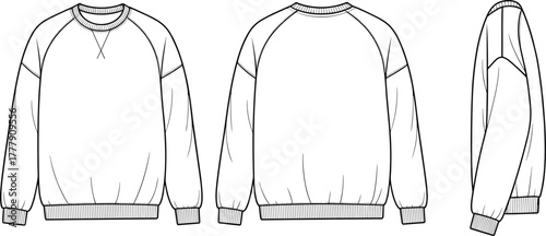 Minimalist CAD sweatshirt flat sketch, streetwear fashion vector illustration showing front, back and side views, unisex apparel design technical drawing template