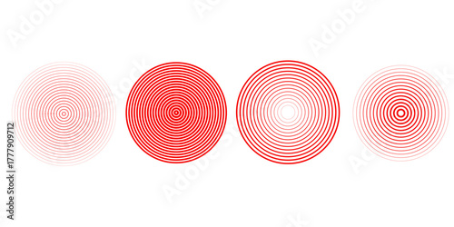 Red concentric ripple circles set. Sonar or sound wave rings collection. Epicentre, target, radar icon concept. Radial signal or vibration elements. Halftone line vector illustration