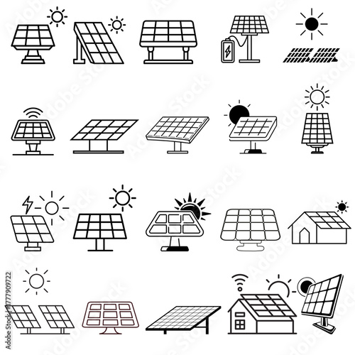 Solar Panel Icon Set for Renewable Energy, Electricity, Eco-Friendly Power, and Sustainable Innovation.