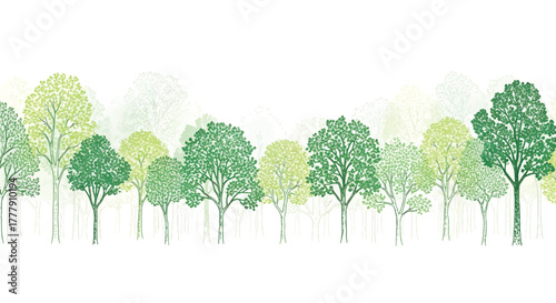 Seamless pattern of green trees, creating a forestlike scene with varying shades and shapes of foliage