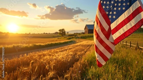 The American flag waving proudly over a golden wheat field at sunset on a rural farm in the heartland