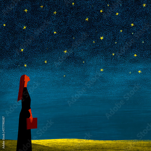 Woman Gazing at Starry Night Sky Illustration