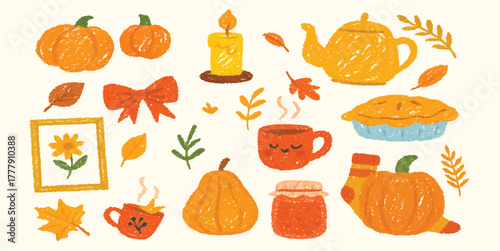 Set of hand drawn cozy autumn elements. Cute scarf, candles, hot cocoa, cup, pie, pumpkin spice latte, mug, jam, leaves, mushrooms. Fall stickers. Vector flat illustration. 
