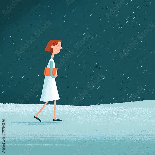 Woman Walking Alone in Winter Night Illustration