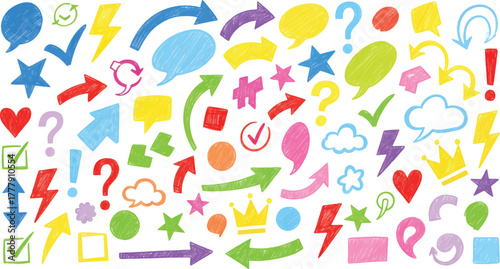 Colorful doodle element, sketch arrow, speech bubble, star, heart, crown, check mark, question mark, vector