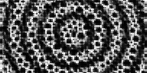 Black radial halftone circles. Dotted sound wave rings. Stippled epicenter, target, radar icon concept. Ripple concentric signal vibration element. Vector round dashed and dotted gradient pattern