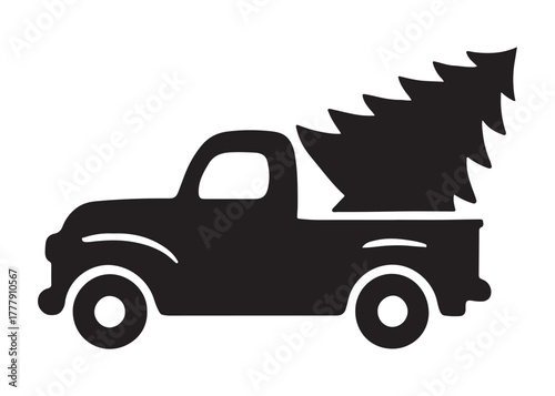 christmas truck logo silhouette vector, christmas car silhouette vector illustration, truck with christmas tree vector, christmas pickup truck logo silhouettes vector on white background