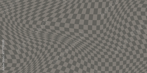 Trippy checkerboard background. Retro psychedelic checkered wallpaper. Wavy groovy chessboard surface. Distorted geometric pattern. Abstract monochrome vector backdrop