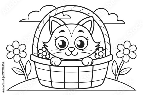 Cute cat in a basket with flowers, coloring page