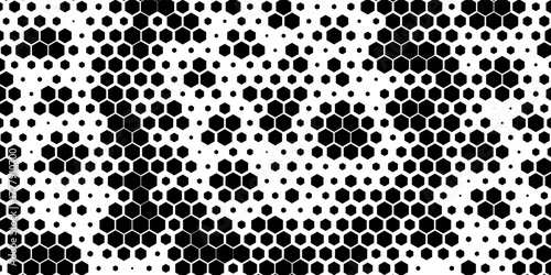 Hexagon halftone gradient texture. Abstract black grunge background. Geometric retro halftone tech overlay. Fading wavy hexagonal pattern backdrop. Vector vanishing honeycomb grunge bitmap wallpaper