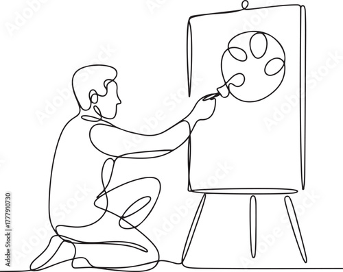 Artist creating a masterpiece A continuous line drawing of a painter at an easel with a palette