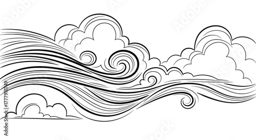 Stylized Clouds and Wind Pattern Outline on Isolated White Background, Flowing Air Weather Elements