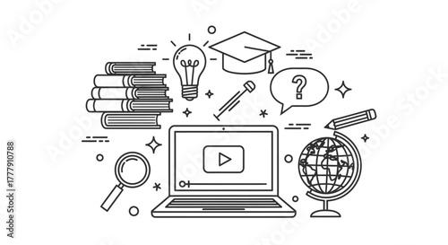 Online Education and Digital Learning Concept Outline on Isolated White Background, E-Learning Elements