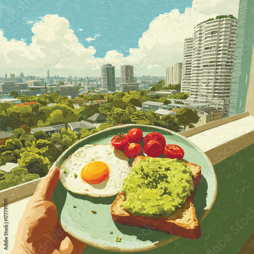 Cozy vector of morning breakfast with avocado toast, egg, and tomatoes on balcony overlooking cityscape. Fresh and healthy lifestyle illustration. Vector illustration