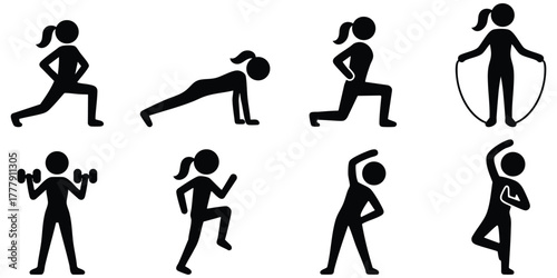 Female fitness and workout poses, Woman exercising and training silhouette icons, Active woman gym and sport activity set