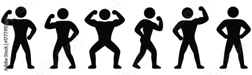  Stickman bodybuilding and muscle flexing, Fitness silhouette power pose icons, Strength training stick figure collection