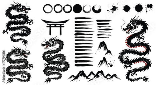 Asian dragon, mountain, gate, circle, brush stroke, vector illustration, ink painting, traditional art