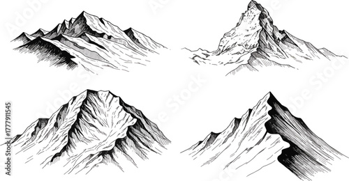Collection of mountain ranges, hand drawn in black and white, peaks, ridges, and valleys in nature
