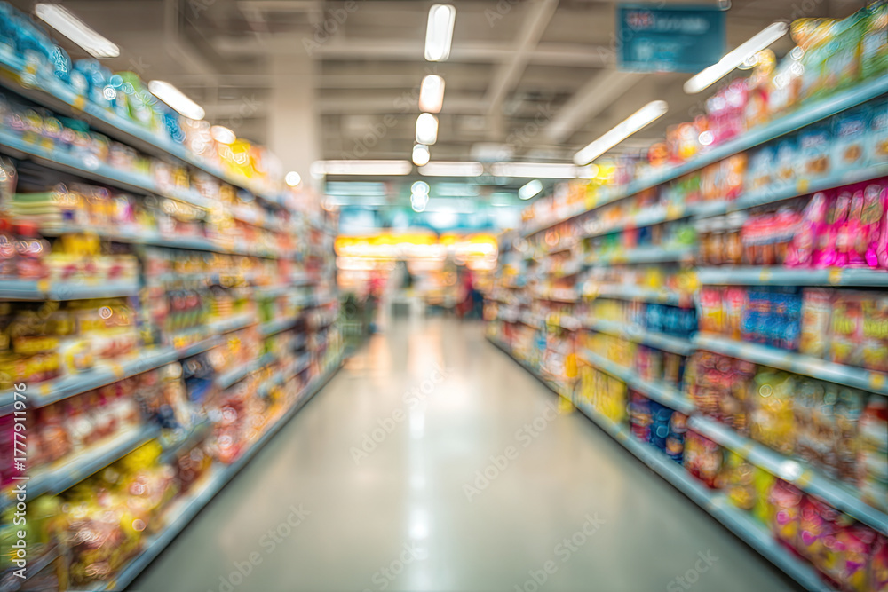 Naklejka premium Supermarket convenience store aisle shelves interior blur for background