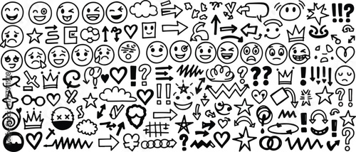 Set of hand drawn doodle elements collection of sketch symbols, arrows, emoticons and shapes