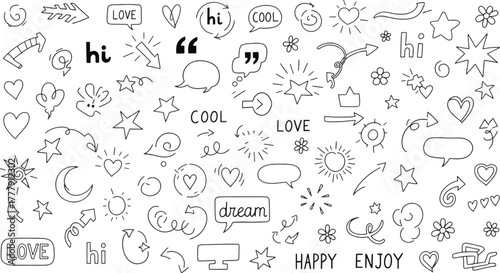 Hand drawn doodle elements set collection of sketch icons, arrows, hearts, stars, speech bubbles