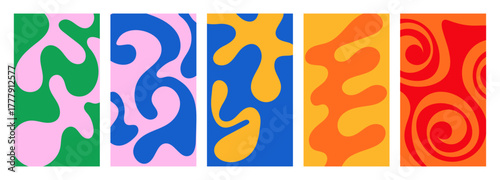 Vector set of five abstract groovy backgrounds in pink, green, blue, yellow, orange, red colors. Retro psychedelic patterns for poster, layout, magazines, banner, social media stories.