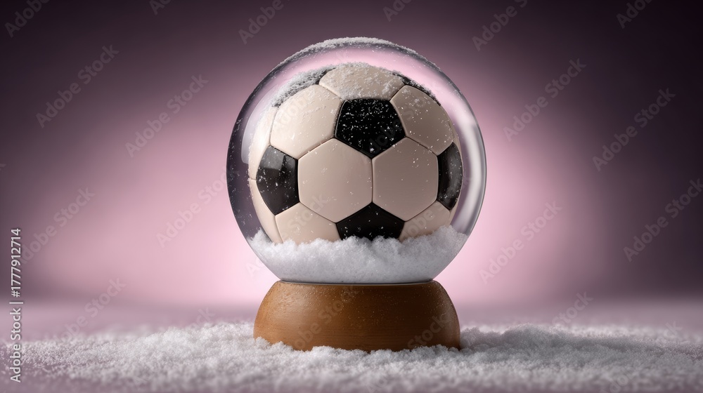 Fototapeta premium A soccer ball is inside a glass ball with snow on it. The snow is white and the ball is black and white