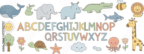 Cute animal alphabet set of cartoon animals and letters for kids education and decoration abc for children