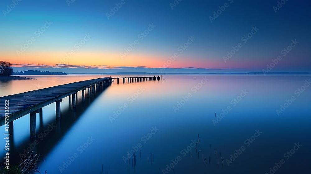 Fototapeta premium Tranquil Lakeside Sunrise: Wooden Pier Extending into Calm Water Reflecting the Colorful Sky