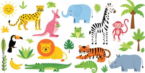 Cute cartoon animals from jungle, zoo and savanna vector illustration of wild animals