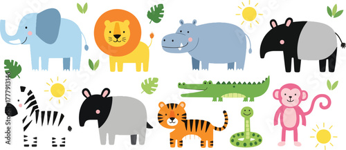 Cute jungle animal set with elephant, lion, hippo, tapir, zebra, crocodile, tiger, snake, and monkey