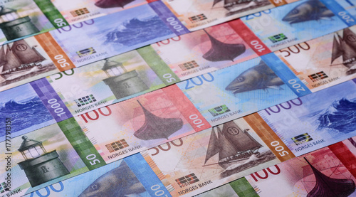 Tableau sur toile Money, currency of Norway, Norwegian krone banknotes