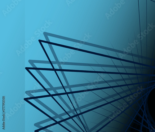 Abstract geometric background with overlapping dark blue lines forming a dynamic fan shape on a light blue gradient surface. Modern digital design concept for technology or architecture themes.