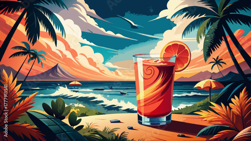 Very beautiful vibrant studio image of the classic Hurricane cocktail, showcasing its bold tropical colors in the signature curved glass, garnished with fruit slices against a clean background.