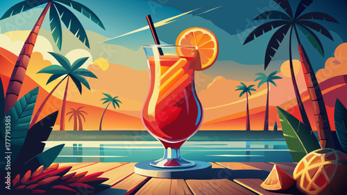 Very beautiful vibrant studio image of the classic Hurricane cocktail, showcasing its bold tropical colors in the signature curved glass, garnished with fruit slices against a clean background.