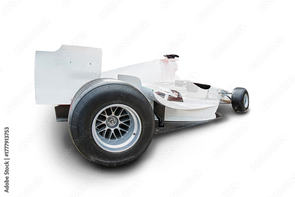 Naklejka premium Close-up angle view of a single-seater white Formula 1 car with black rims and tires, under soft diffuse lighting against a neutral background The composition emphasizes the aerodynamic design