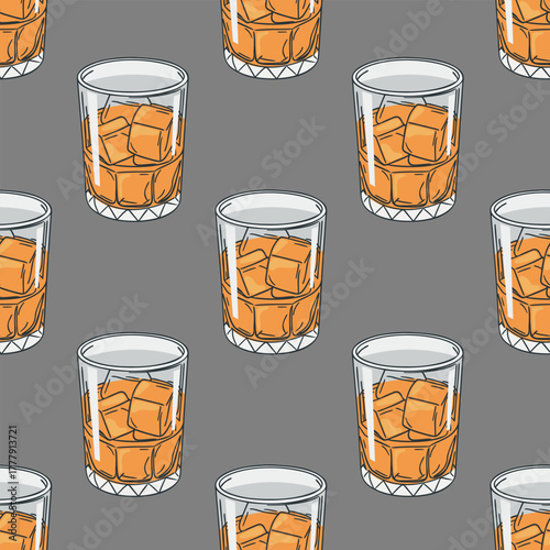 Seamless pattern with glass of whiskey and ice cubes. Drinks background.