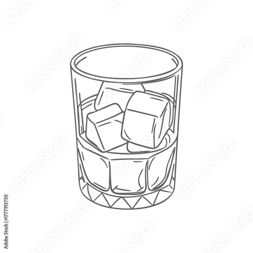 Whiskey glass with ice cubes isolated on white background. Hand drawn outline illustration.