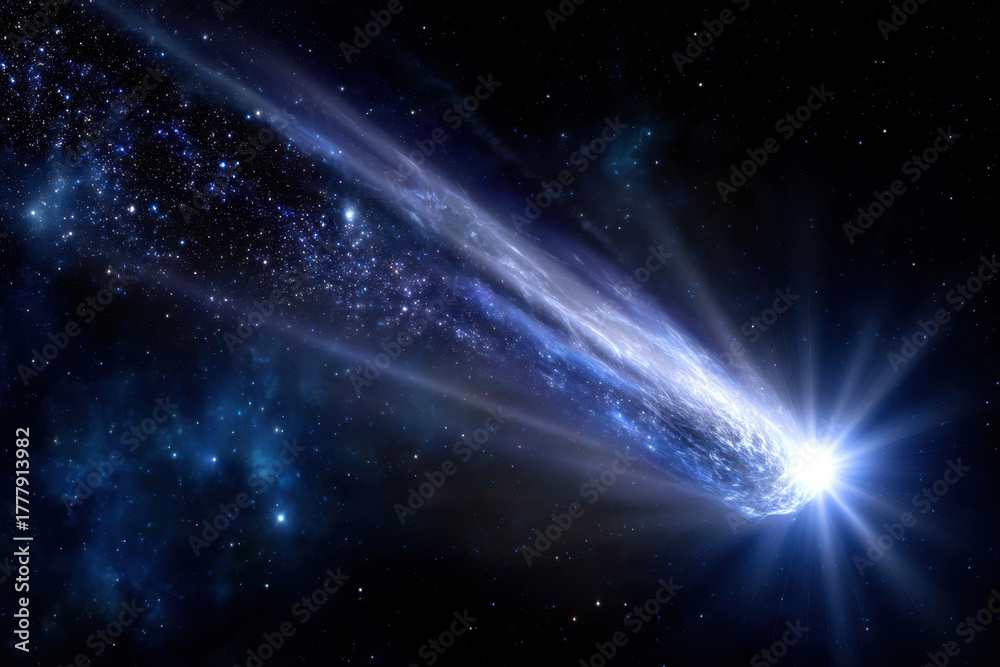 Obraz premium Bright comet traveling through the dark expanse of space with a glowing tail